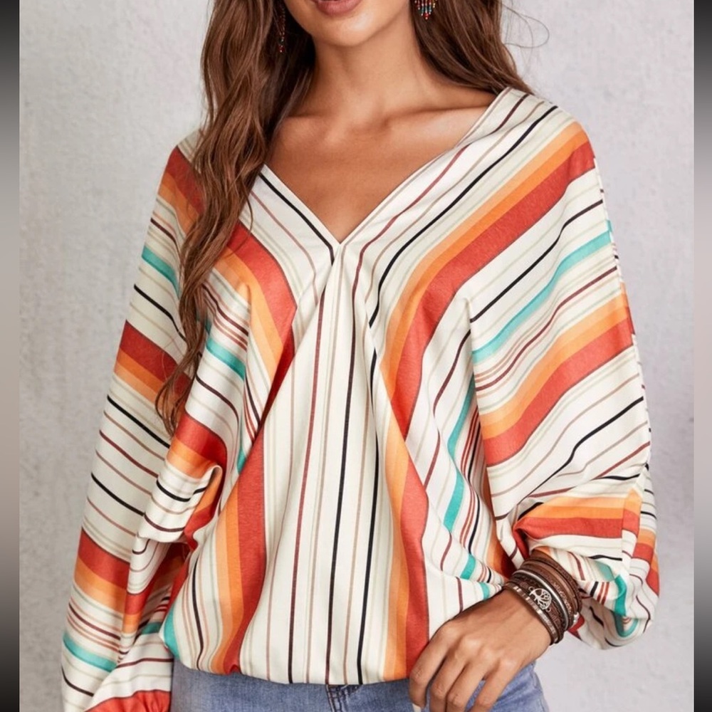 Striped V-neck Batwing Sleeve Blouse - Picture 1 of 2